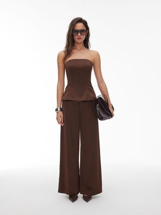 High Stretch Peplum Bandeau Top & Mid Rise Wide Leg Trousers Set
