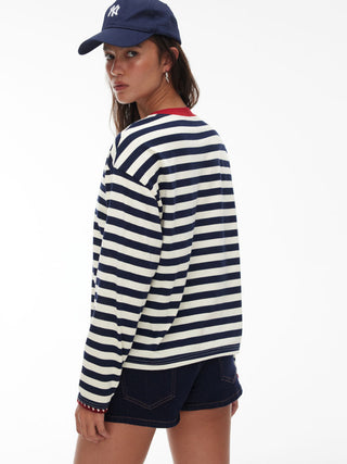 Cotton-blend Stripe Contrasting Binding Oversized Long Sleeve Tee