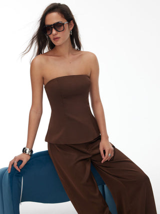 High Stretch Peplum Bandeau Top & Mid Rise Wide Leg Trousers Set