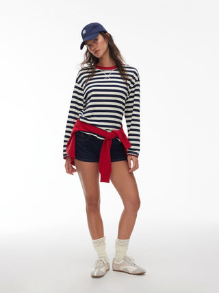 Cotton-blend Stripe Contrasting Binding Oversized Long Sleeve Tee