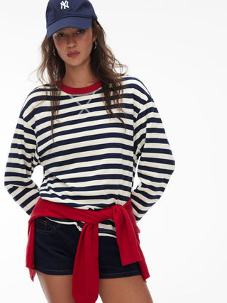 Cotton-blend Stripe Contrasting Binding Oversized Long Sleeve Tee