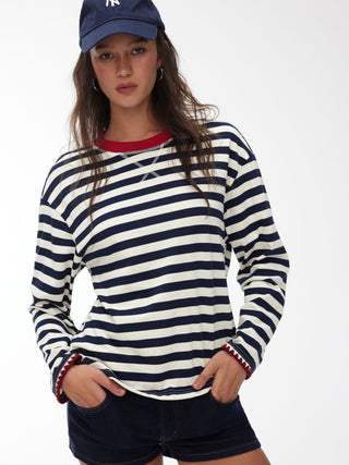 Cotton-blend Stripe Contrasting Binding Oversized Long Sleeve Tee
