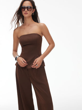 High Stretch Peplum Bandeau Top & Mid Rise Wide Leg Trousers Set
