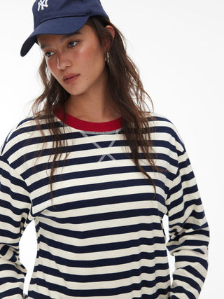 Cotton-blend Stripe Contrasting Binding Oversized Long Sleeve Tee