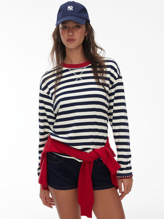 Cotton-blend Stripe Contrasting Binding Oversized Long Sleeve Tee