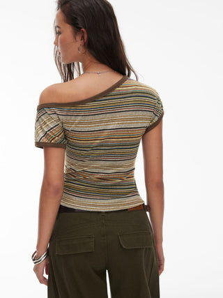 Striped Asymmetrical Neck Short Sleeve Top