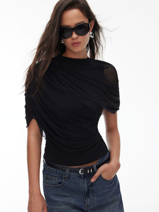 Mesh Round Neckline Ruched Short Sleeve Top