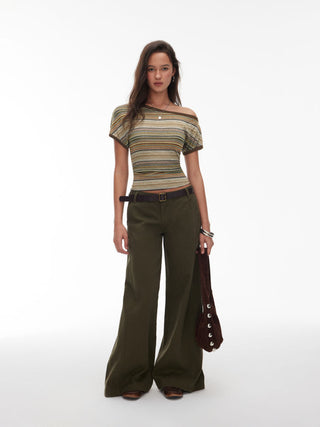 Striped Asymmetrical Neck Short Sleeve Top