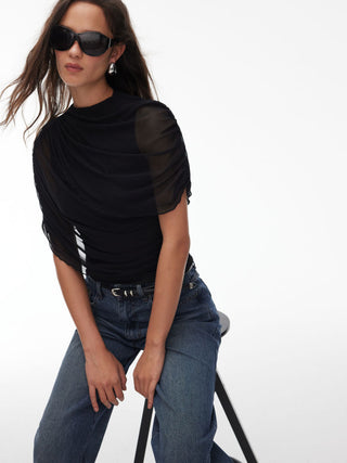 Mesh Round Neckline Ruched Short Sleeve Top