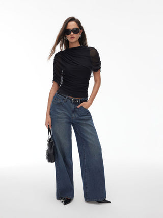 Mesh Round Neckline Ruched Short Sleeve Top