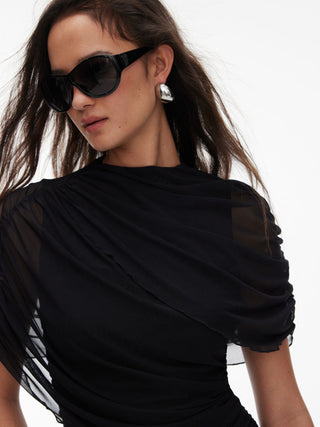 Mesh Round Neckline Ruched Short Sleeve Top