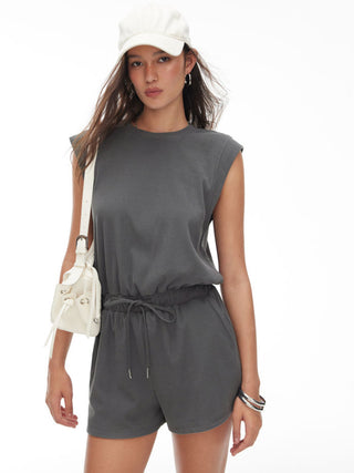 Ribbed Round Neck Drawstring Mid Rise Romper