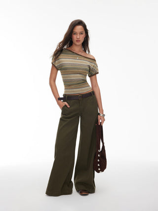 Striped Asymmetrical Neck Short Sleeve Top