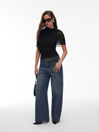 Mesh Round Neckline Ruched Short Sleeve Top