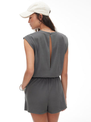 Ribbed Round Neck Drawstring Mid Rise Romper