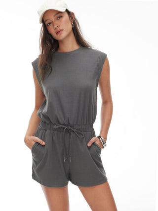 Ribbed Round Neck Drawstring Mid Rise Romper