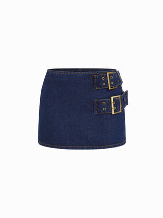 Denim Low Rise Washed Buckle Metal Detail Pencil Mini Skirt