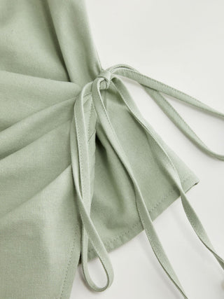 Linen-blend Beaded Knotted Ruched Tank Top