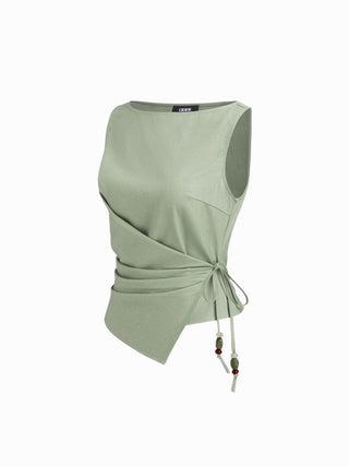 Linen-blend Beaded Knotted Ruched Tank Top