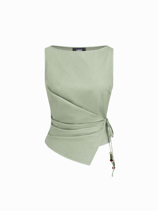 Linen-blend Beaded Knotted Ruched Tank Top