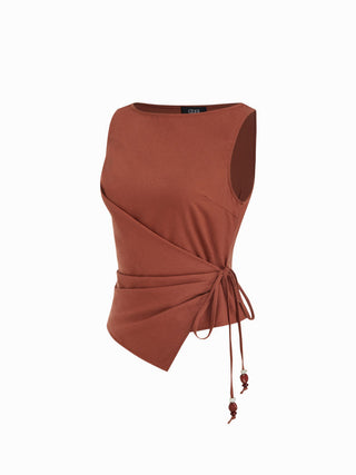 Linen-blend Beaded Knotted Ruched Tank Top