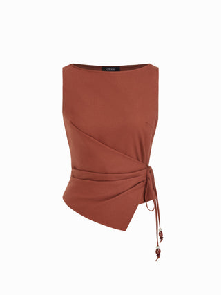Linen-blend Beaded Knotted Ruched Tank Top
