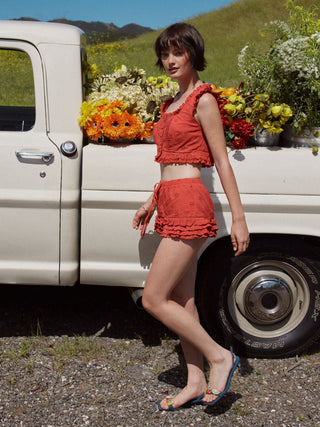 Square Neck Ruffled Top & Low Rise Embroidery Ruffle Hem Mini Skirt Set