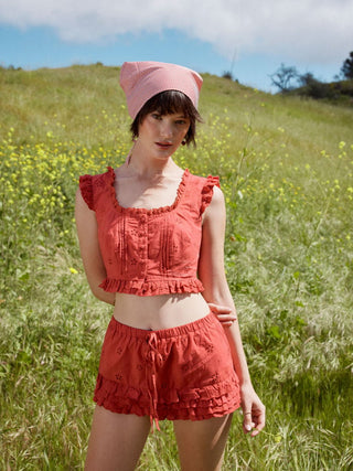 Square Neck Ruffled Top & Low Rise Embroidery Ruffle Hem Mini Skirt Set