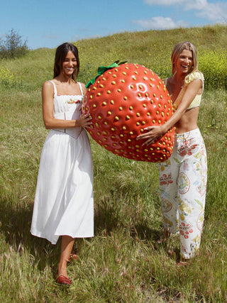 Linen-blend Square Neck Fruit Embroidery Flared Maxi Dress