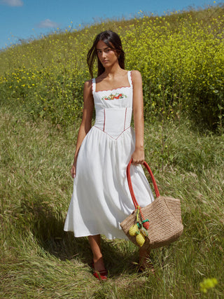 Linen-blend Square Neck Fruit Embroidery Flared Maxi Dress