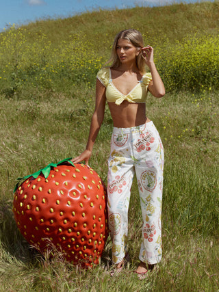 Cotton Mid Rise Fruit Cat Graphic Barrel-leg Trousers