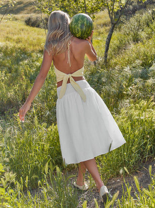 Linen-blend Halter Neckline Tie Back Cherry Embroidery Top
