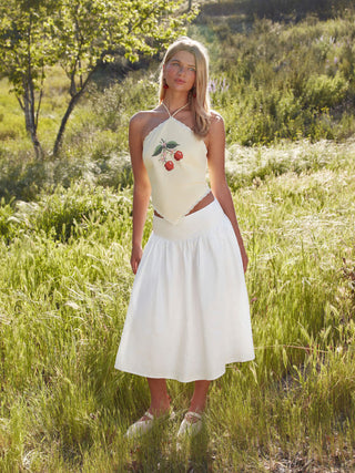 Linen-blend Halter Neckline Tie Back Cherry Embroidery Top