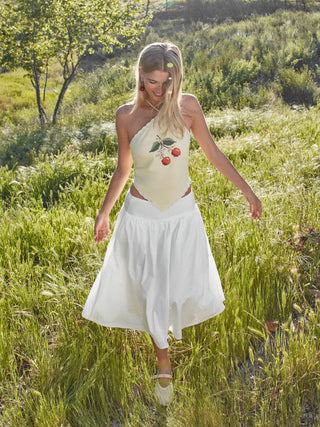 Linen-blend Halter Neckline Tie Back Cherry Embroidery Top