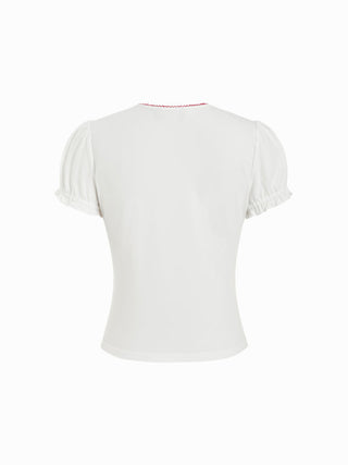Cotton-blend Contrast Stitch Ruched Puff Sleeve Tee