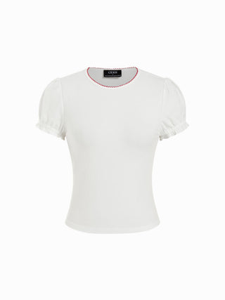 Cotton-blend Contrast Stitch Ruched Puff Sleeve Tee