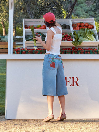 Washed Denim Mid Rise Strawberry Graphic Wide Leg Bermuda Shorts
