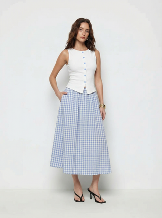 Cotton Button Top &  Gingham A-line Maxi Skirt Set