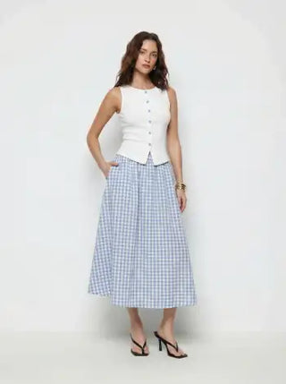 Cotton Button Top &  Gingham A-line Maxi Skirt Set