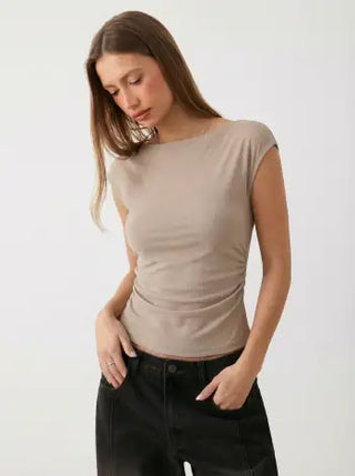 Boat Neck Solid Ruched Short Sleeve Top