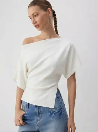 Knit Fabric Knit Boat Neck Asymmetrical Hem Spilt Batwing Sleeve Top  For Daily Casual Work