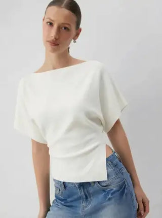 Knit Fabric Knit Boat Neck Asymmetrical Hem Spilt Batwing Sleeve Top  For Daily Casual Work