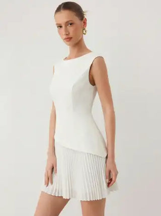 Boat Neck Pleated A-line Mini Dress