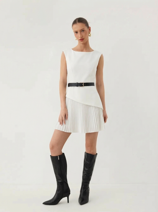Boat Neck Pleated A-line Mini Dress