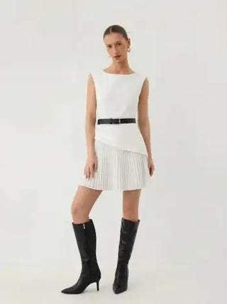 Boat Neck Pleated A-line Mini Dress