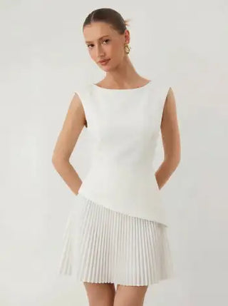 Boat Neck Pleated A-line Mini Dress
