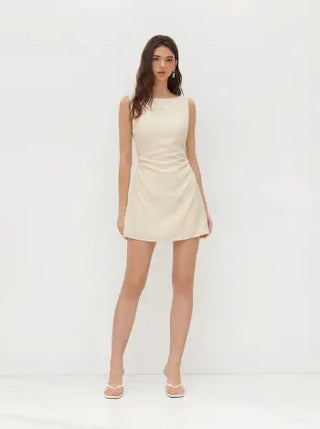 Linen-blend Boat Neck Solid Knotted Backless Mini Dress
