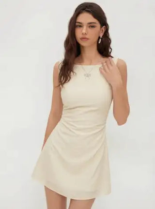 Linen-blend Boat Neck Solid Knotted Backless Mini Dress