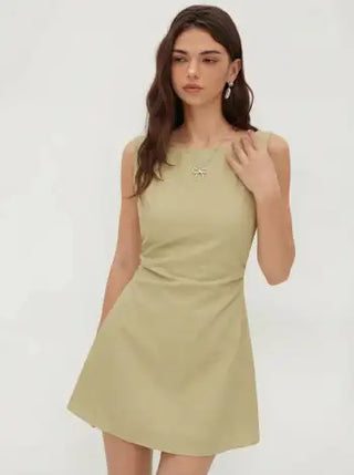 Linen-blend Boat Neck Solid Knotted Backless Mini Dress