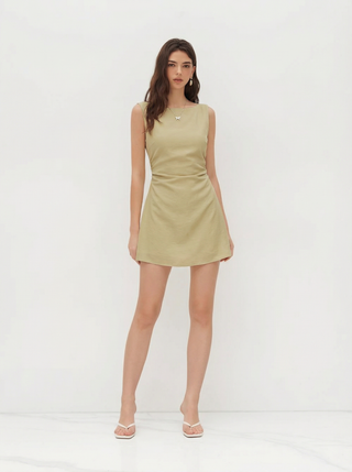 Linen-blend Boat Neck Solid Knotted Backless Mini Dress